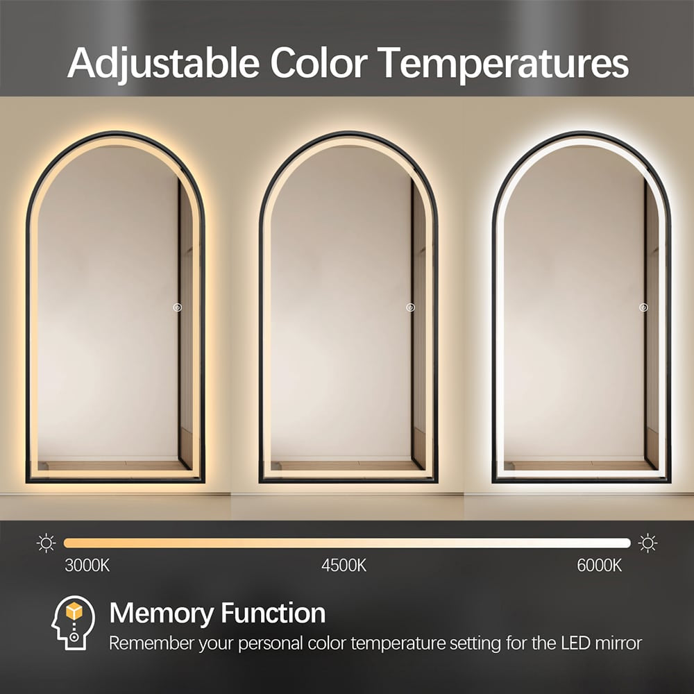 Full Length Arched LED Mirror 180cm x 80cm Freestanding Wall Mounted Black Frame Dimmable