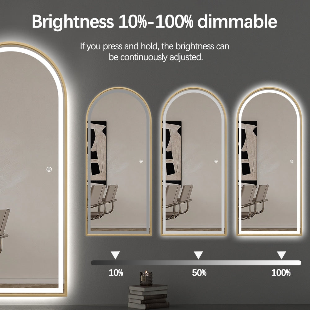 Full Length Arched LED Mirror 180cm x 80cm Freestanding Wall Mounted Gold Frame Dimmable