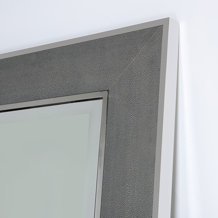 Full Length Stainless Steel Mirror with Grey Leather Frame  183cm x 89cm Wall Mounted Floor Standing