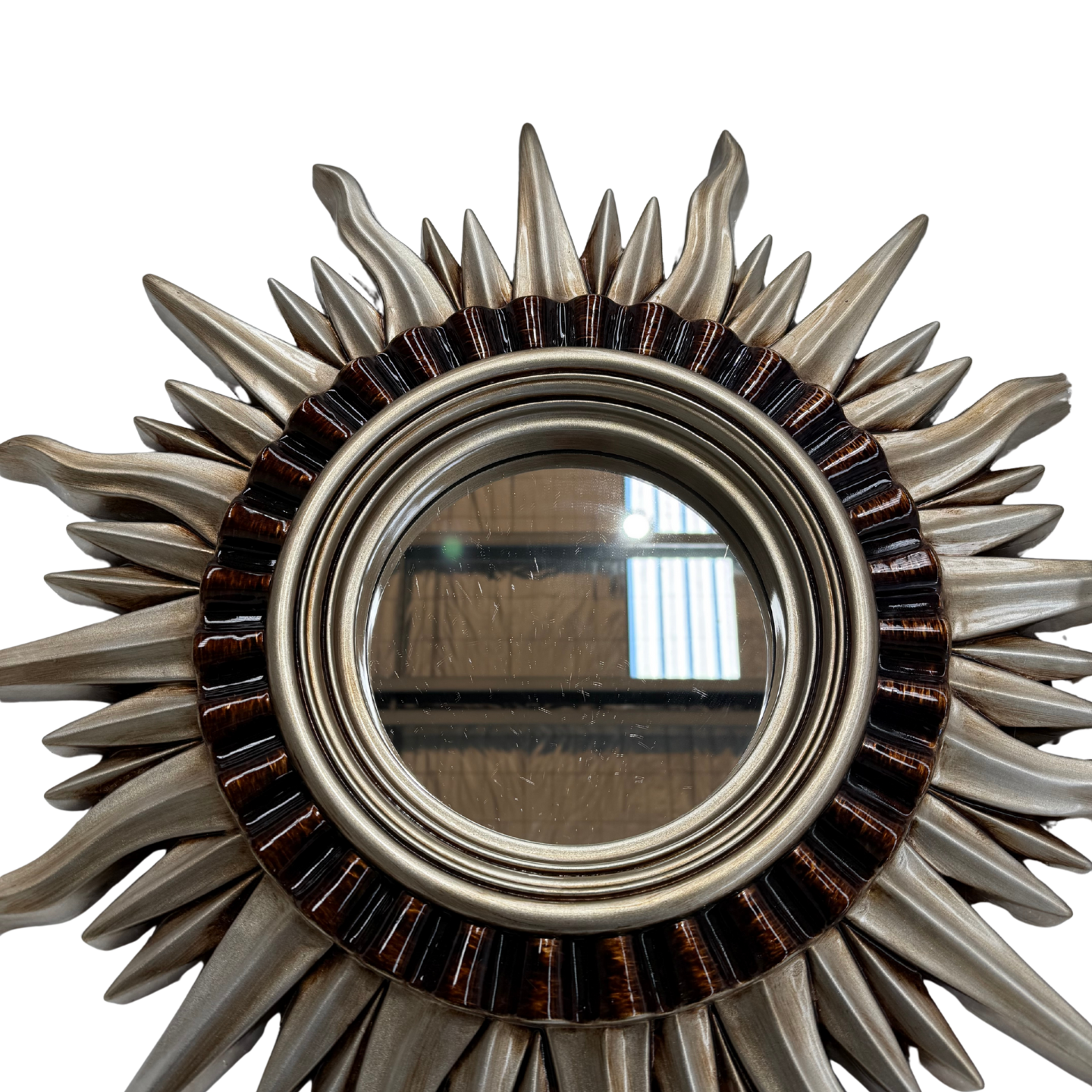Round Vintage Sunburst Mirror 71cm Silver Wall Mount PU Frame