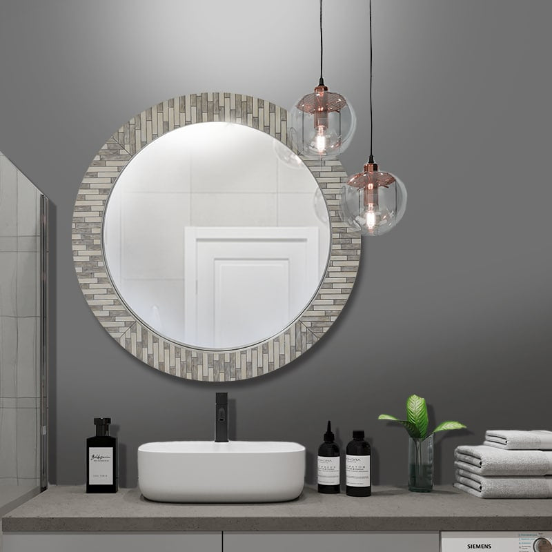 Round Zebra Mosaic Mirror 60cm Grey Wall Mount MDF Frame Modern Accent