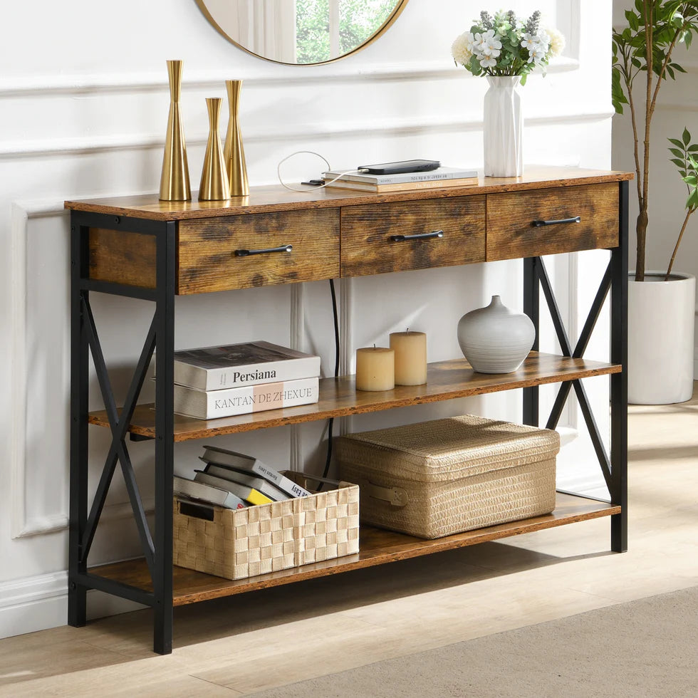 Console Table with 3 Drawers and Charging Station