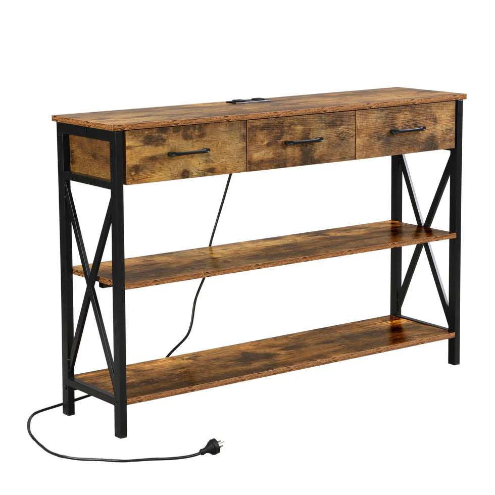 Console Table with 3 Drawers and Charging Station