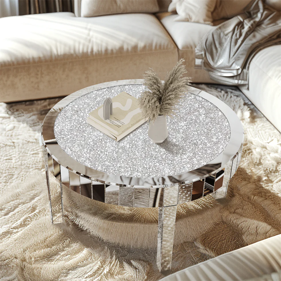 80cm Large Round Mirrored Coffee Center Table Bling Crushed Diamond Tabletop AU