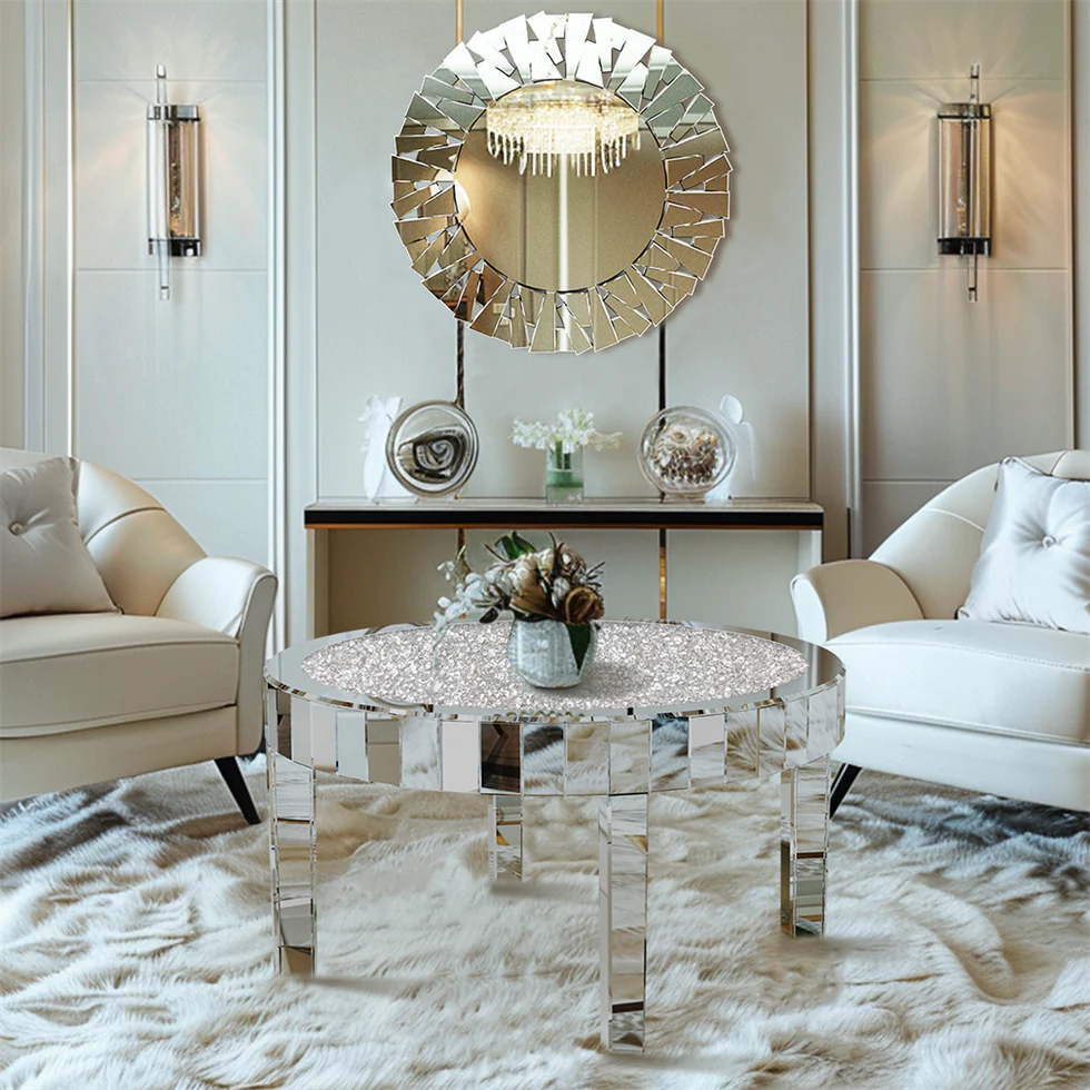 80cm Large Round Mirrored Coffee Center Table Bling Crushed Diamond Tabletop AU