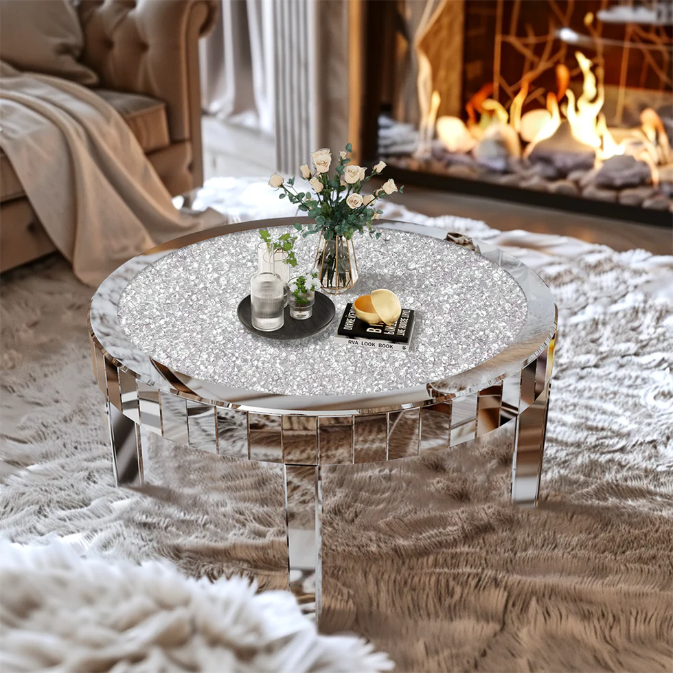 80cm Large Round Mirrored Coffee Center Table Bling Crushed Diamond Tabletop AU