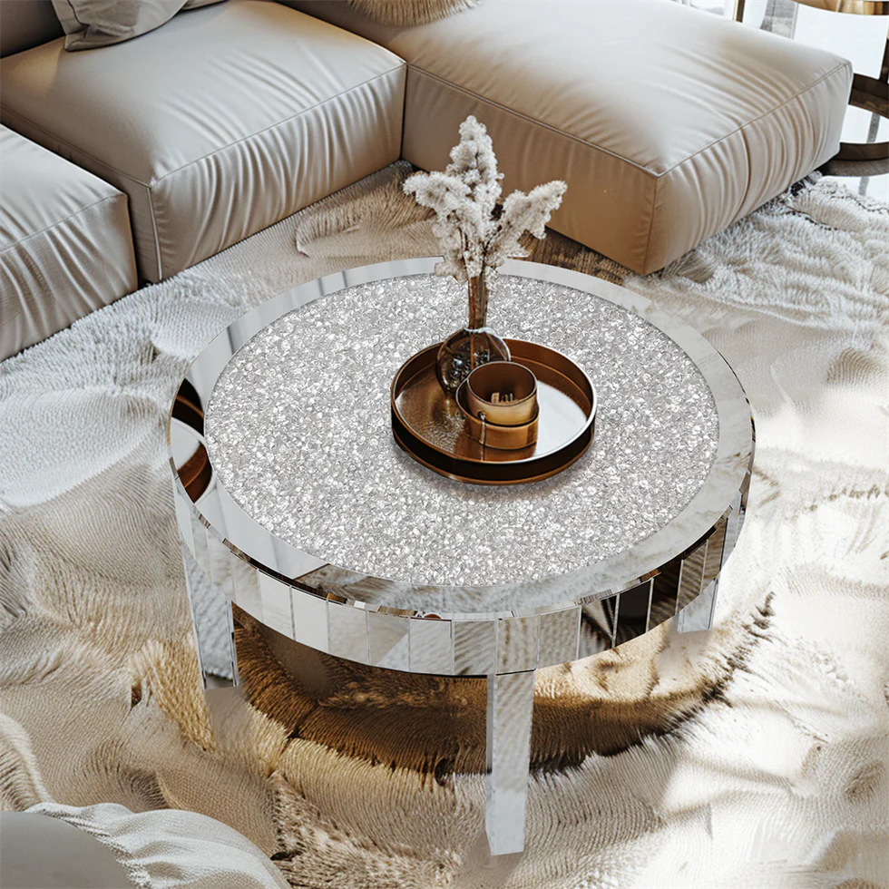 80cm Large Round Mirrored Coffee Center Table Bling Crushed Diamond Tabletop AU
