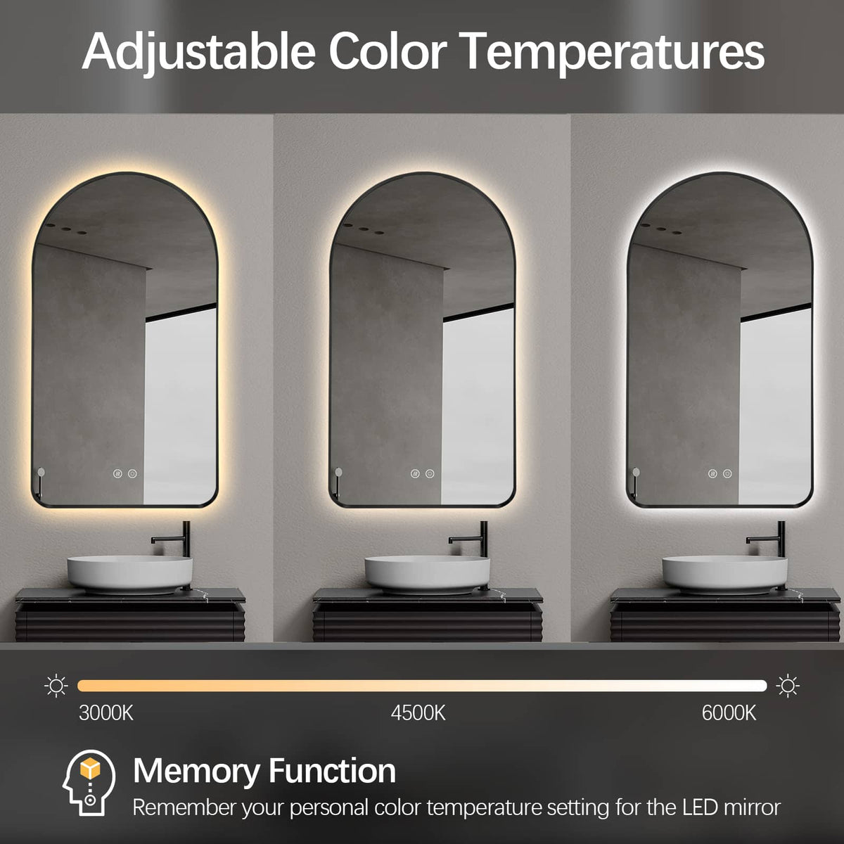 Arched LED Wall Mirror 130 x 70cm Black Bevel Frame Backlit Dimmable Defogger - FLM113