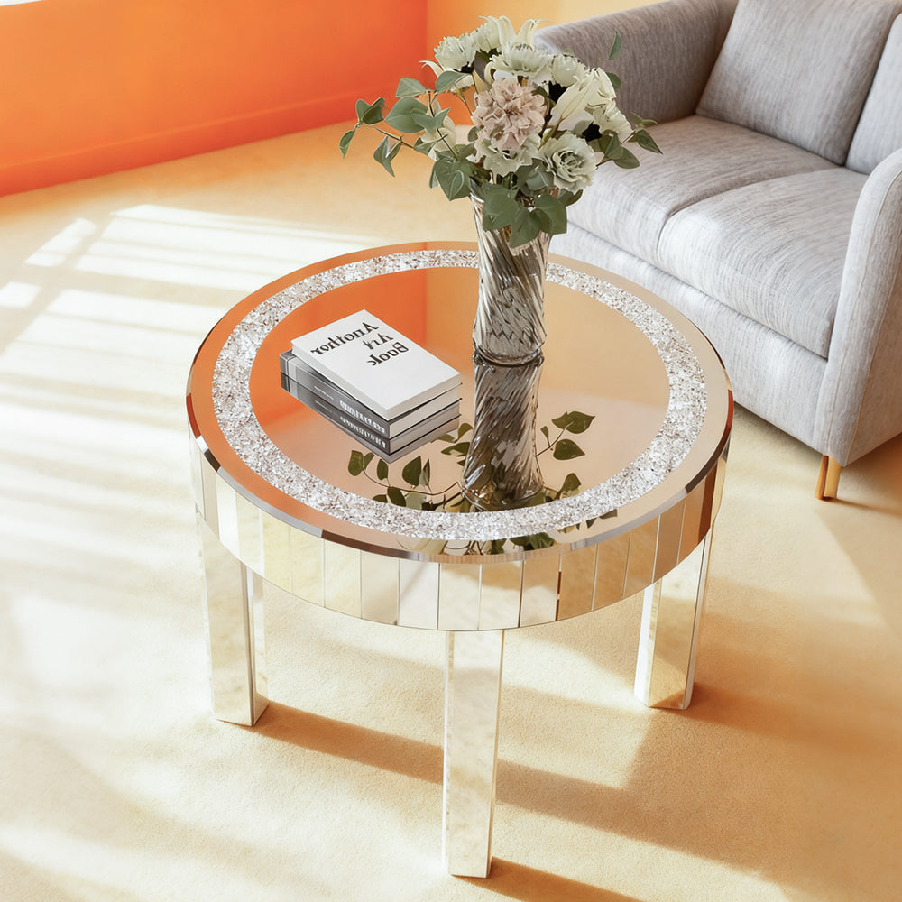 Silver Glass Coffee Table Highly Reflective Mirrored Accent Table Diamond Inlay