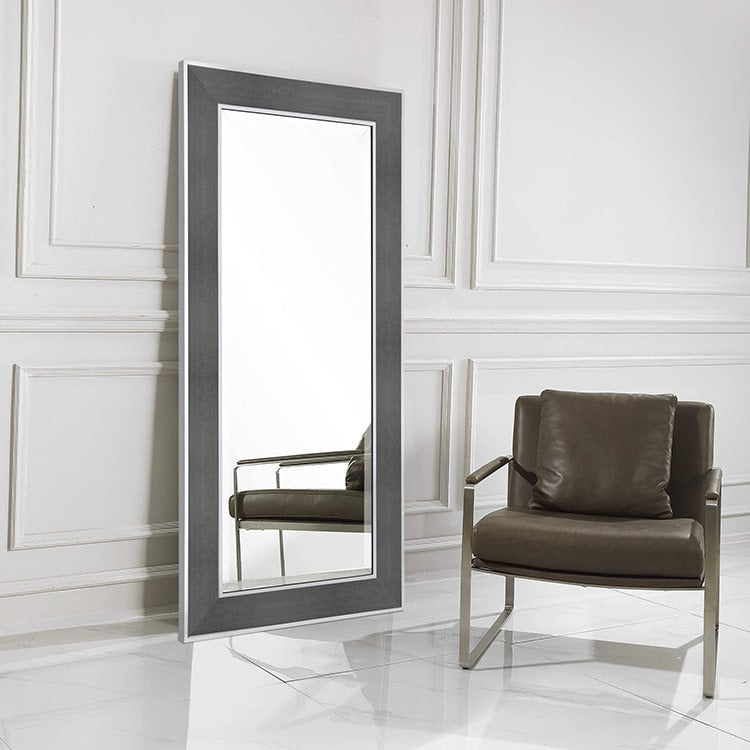 Full Length Stainless Steel Mirror with Grey Leather Frame  183cm x 89cm Wall Mounted Floor Standing