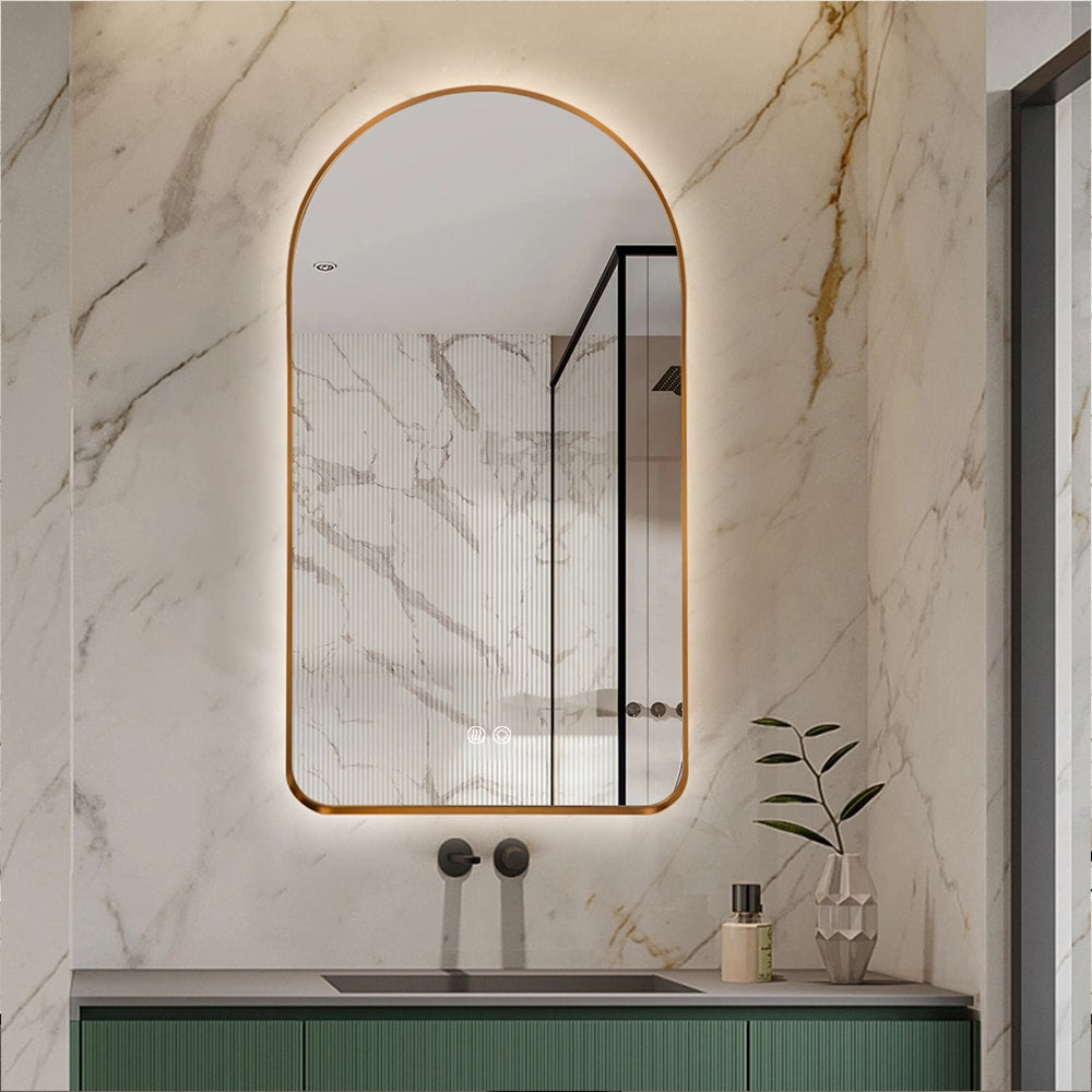 Arched LED Wall Mirror 90cm x 50cm Gold Bevel Frame Backlit Dimmable Defogger
