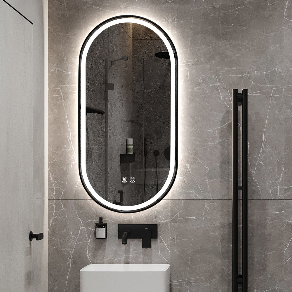 Black Oval LED Bathroom 90cm x 45cm Frosted Edge Defogger Dimmable Vanity Wall Mirror