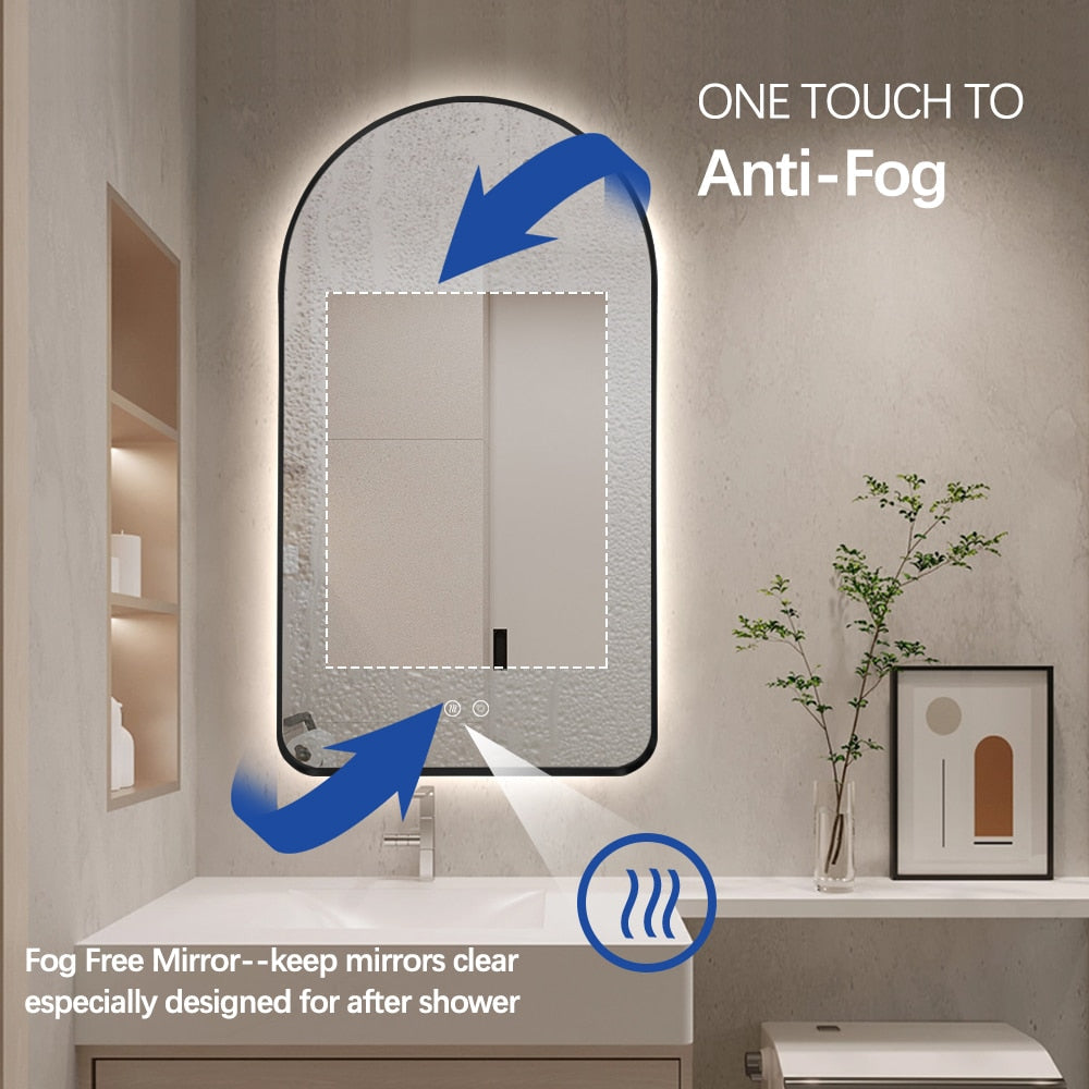 Arched LED Wall Mirror 90cm x 50cm Black Bevel Frame Backlit Dimmable Defogger