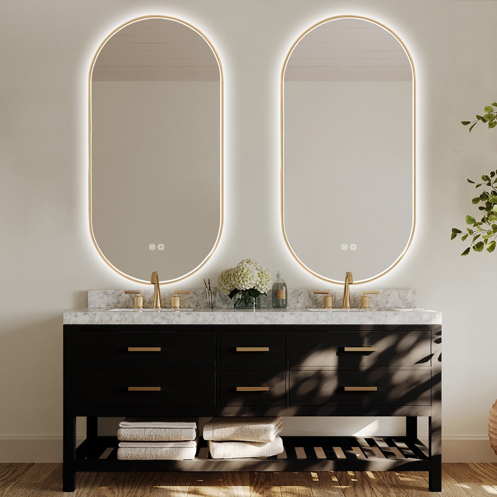 Oval LED Bathroom Mirror 50cm x 100cm Frontlit Gold Frame  Defogger Dimmable