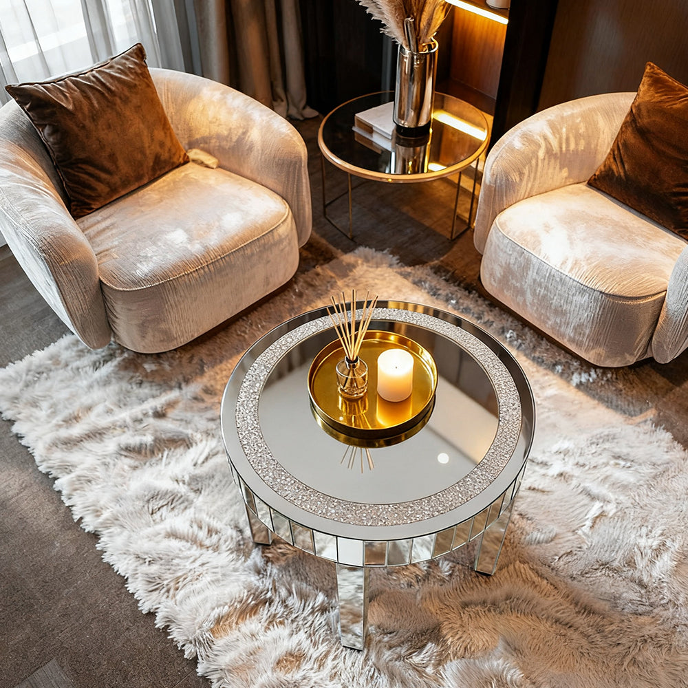 Silver Glass Coffee Table Highly Reflective Mirrored Accent Table Diamond Inlay