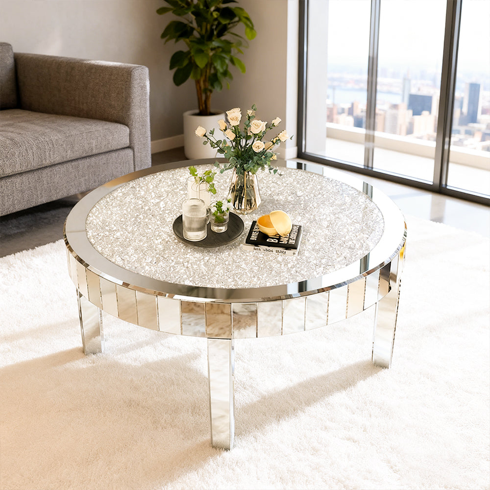80cm Large Round Mirrored Coffee Center Table Bling Crushed Diamond Tabletop AU