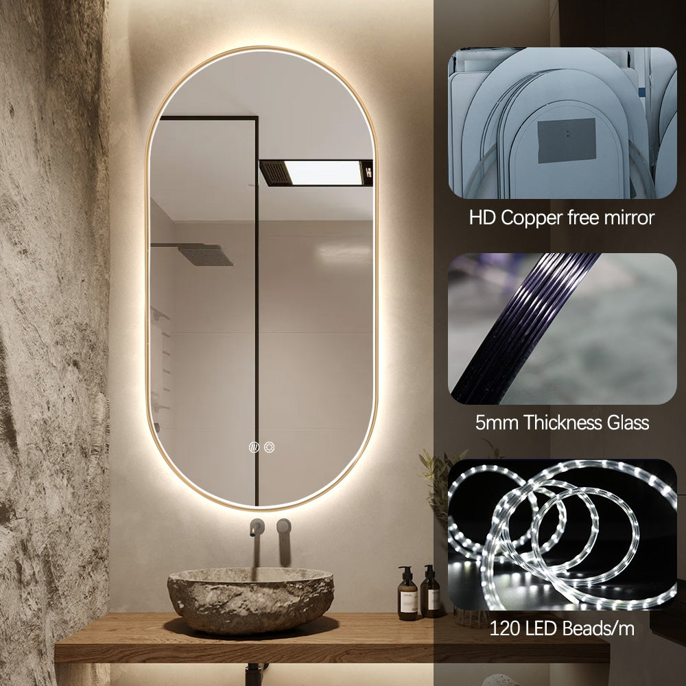Oval LED Bathroom Mirror 50cm x 100cm Frontlit Gold Frame  Defogger Dimmable