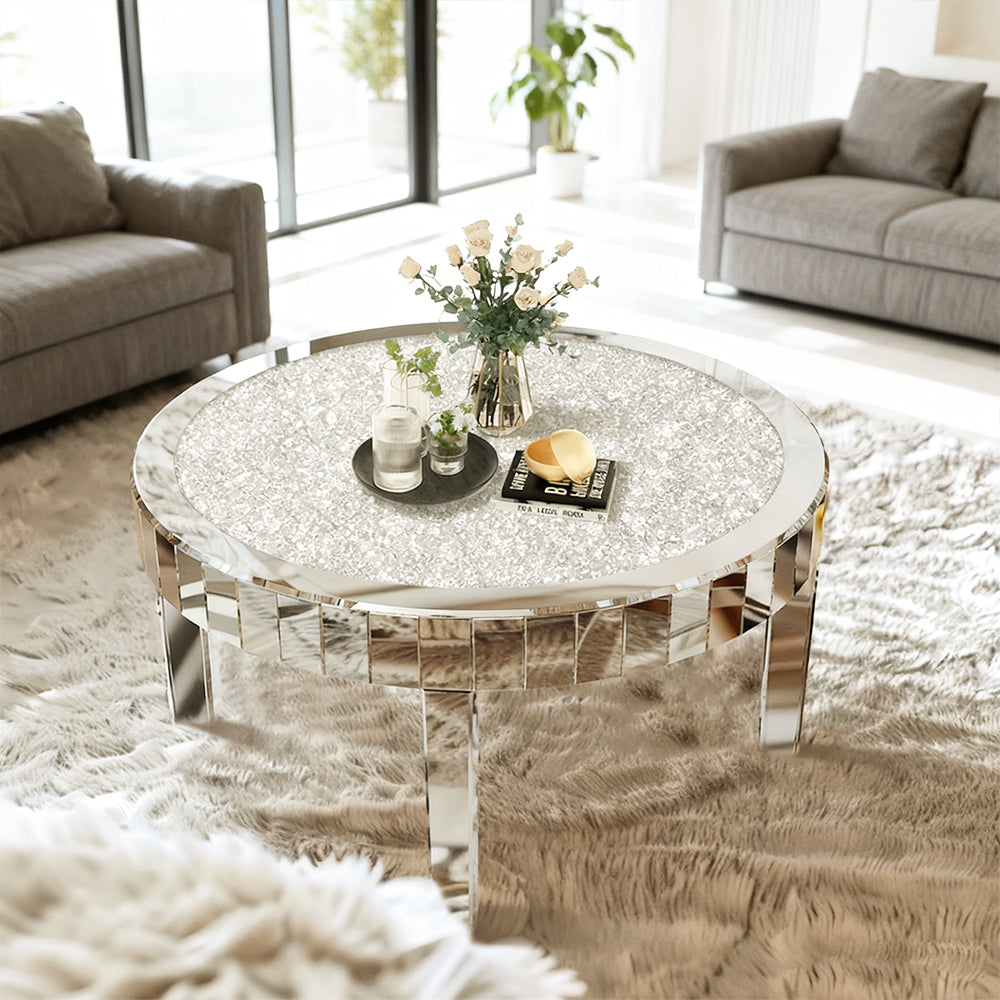 80cm Large Round Mirrored Coffee Center Table Bling Crushed Diamond Tabletop AU