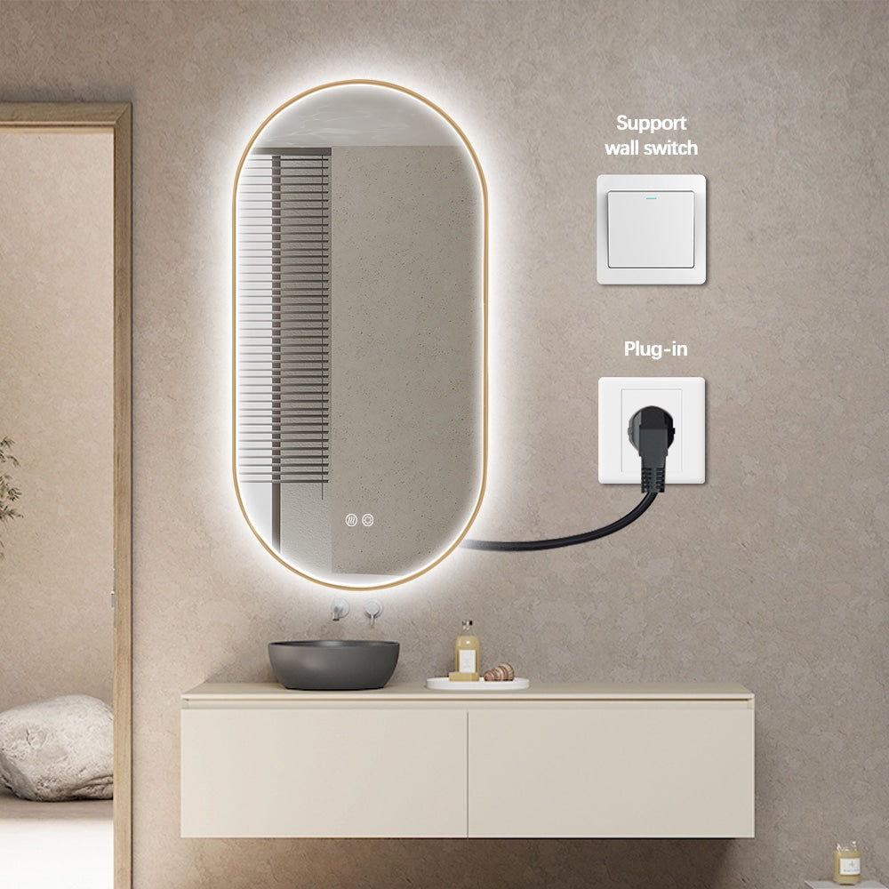 Oval LED Bathroom Mirror 50cm x 100cm Frontlit Gold Frame  Defogger Dimmable