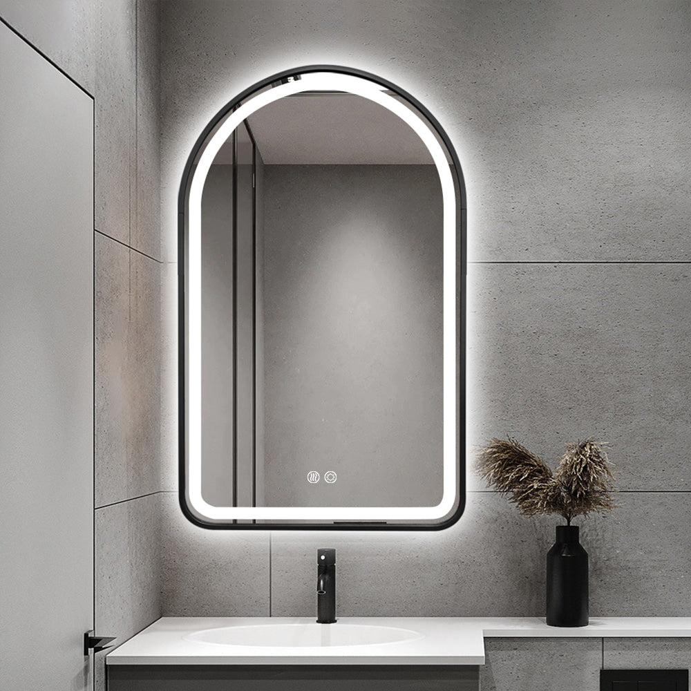 Arched LED Black Frame Wall Mirror 130cm x 70cm Frosted Dimmable Vanity Defogger - FLM103