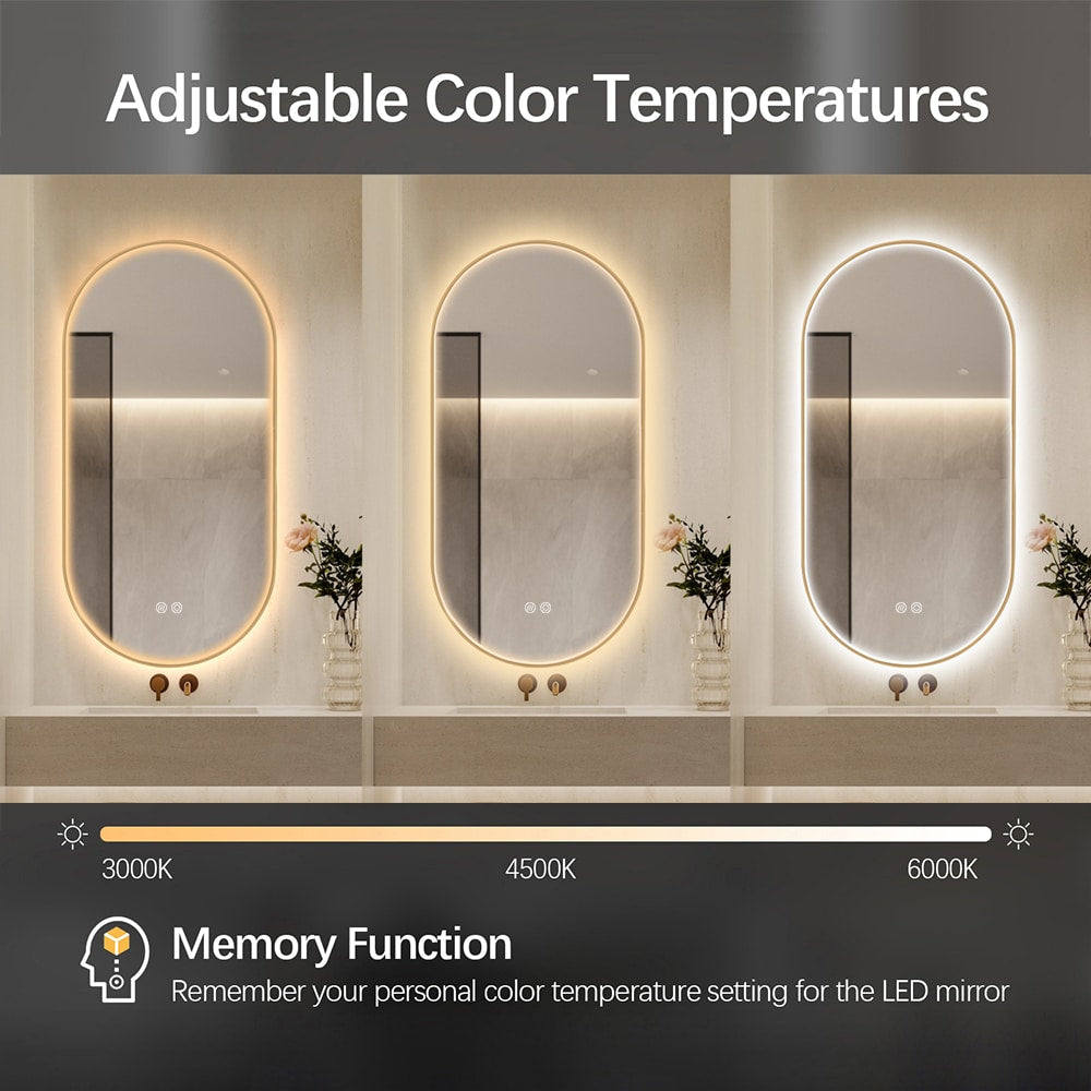 Oval LED Bathroom Mirror 50cm x 100cm Frontlit Gold Frame  Defogger Dimmable