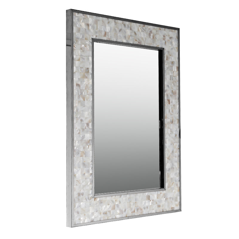 Luxury Silver Rectangular Wall Mirror with Shell Inlay 77cm x 57cm Brushed Stainless Steel Frame