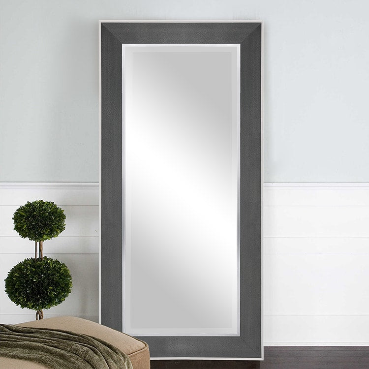 Full Length Stainless Steel Mirror with Grey Leather Frame  183cm x 89cm Wall Mounted Floor Standing