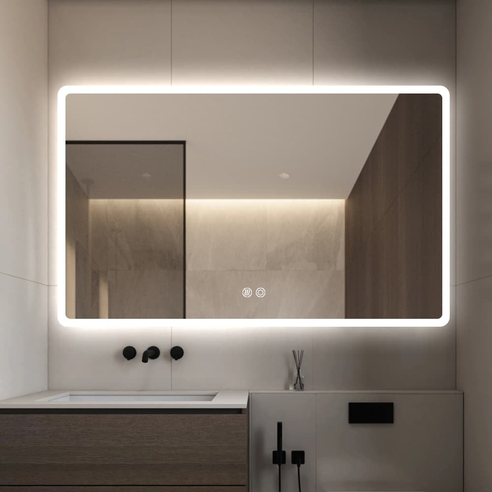 Rectangular LED Mirror 100cm  x 75cm Frameless Frosted Wall Mounted Bathroom Defogger Dimmable Touch Sensor
