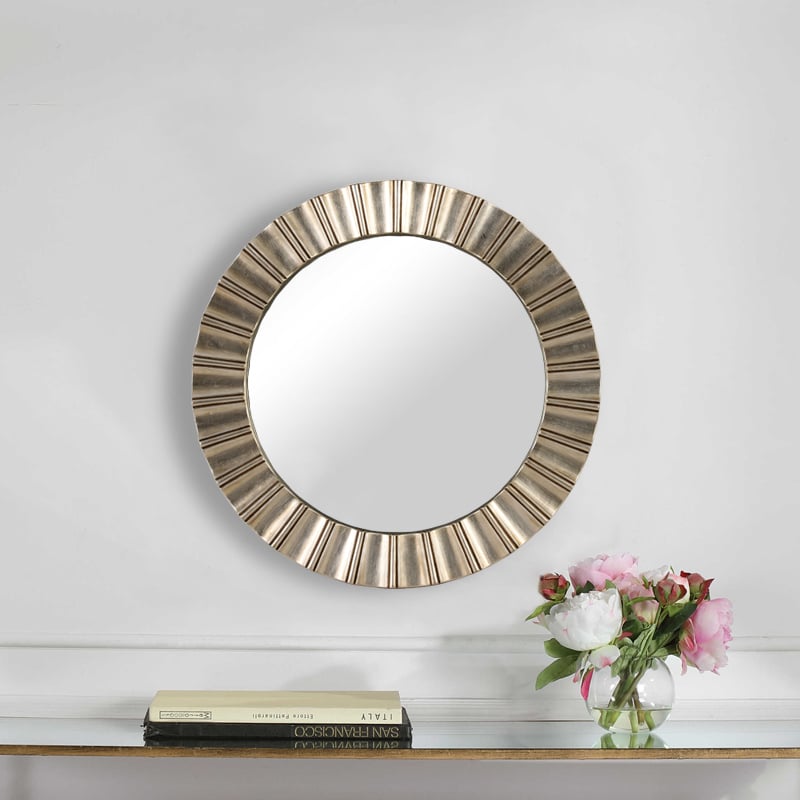 Round Modern Egypt Mirror 65cm Silver Wall Mount PU Frame Vintage Style