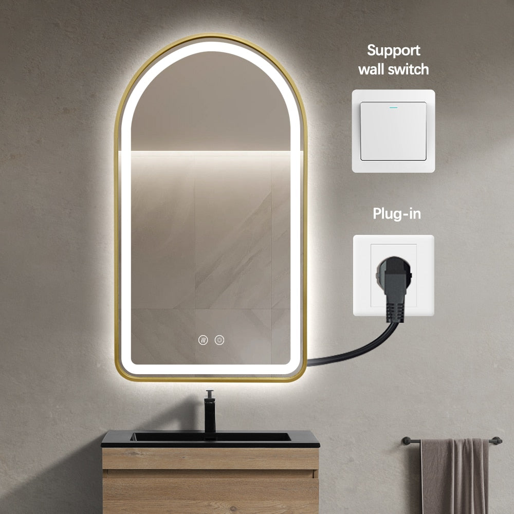 Arched LED Gold Frame Wall Mirror 100cm x 75cm Frosted Defogger Dimmable Vanity
