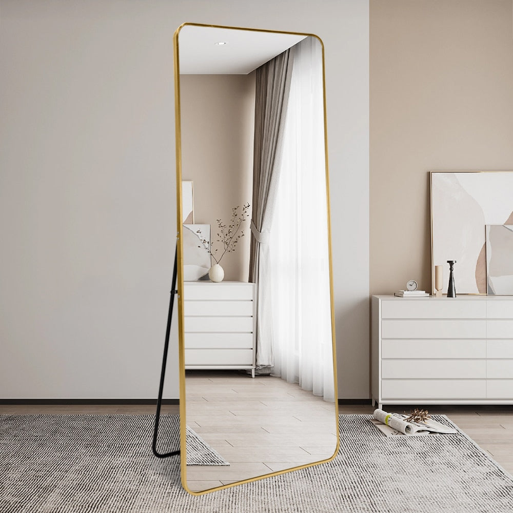Modern Rounded Full Length Mirror 100x200cm Gold Frame Freestanding Rectangular Mirror