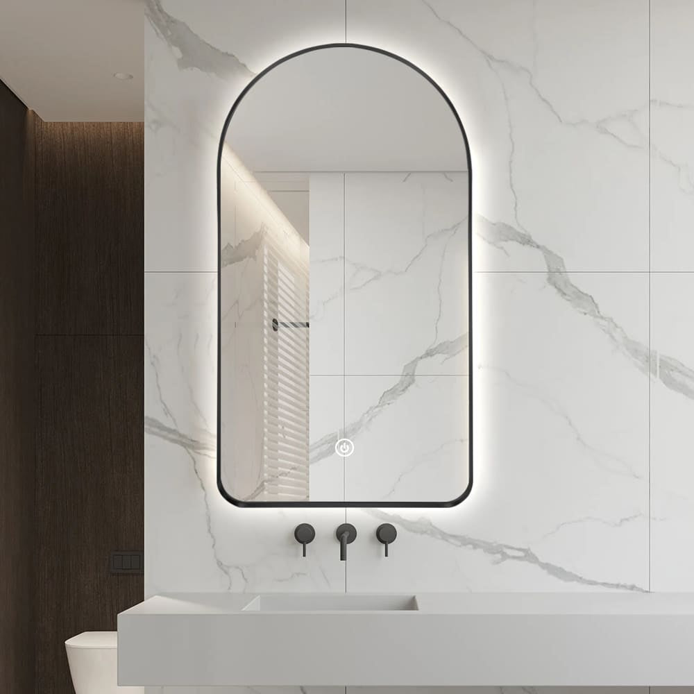 Arched LED Wall Mirror 130 x 70cm Black Bevel Frame Backlit Dimmable Defogger - FLM113