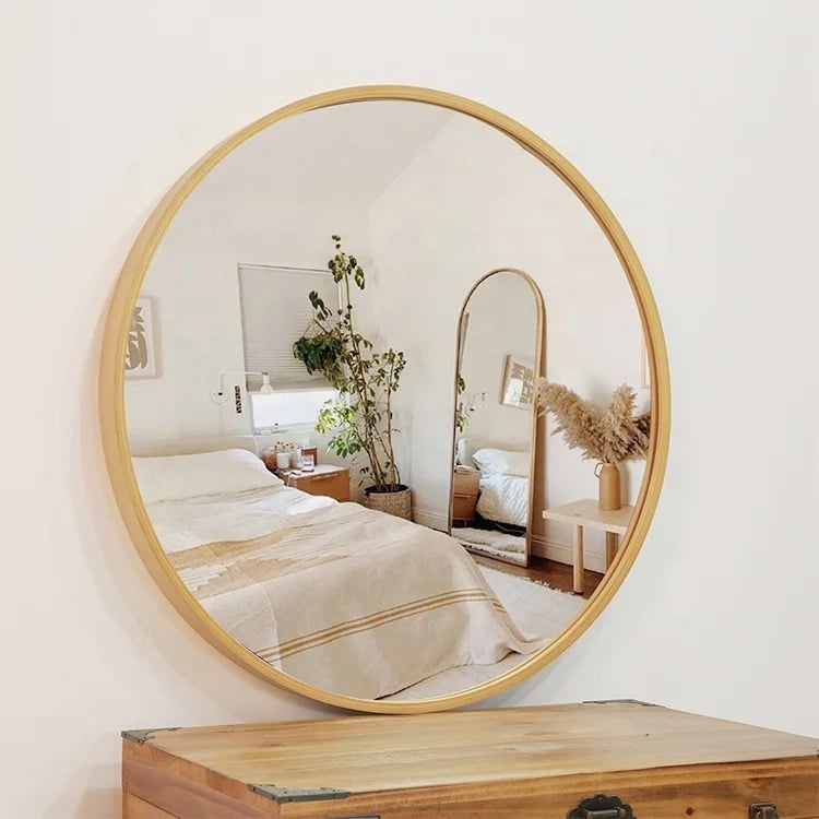 Round Solid Wood Wall Mirror 100cm Log Colour Frame Decorative  Living Room Accent