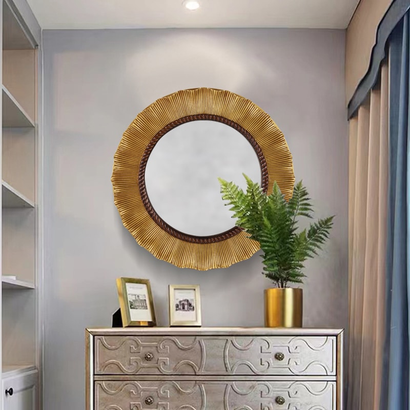 Round Cleopatra Sunburst Mirror 65cm Gold Wall Mount Antique PU Frame