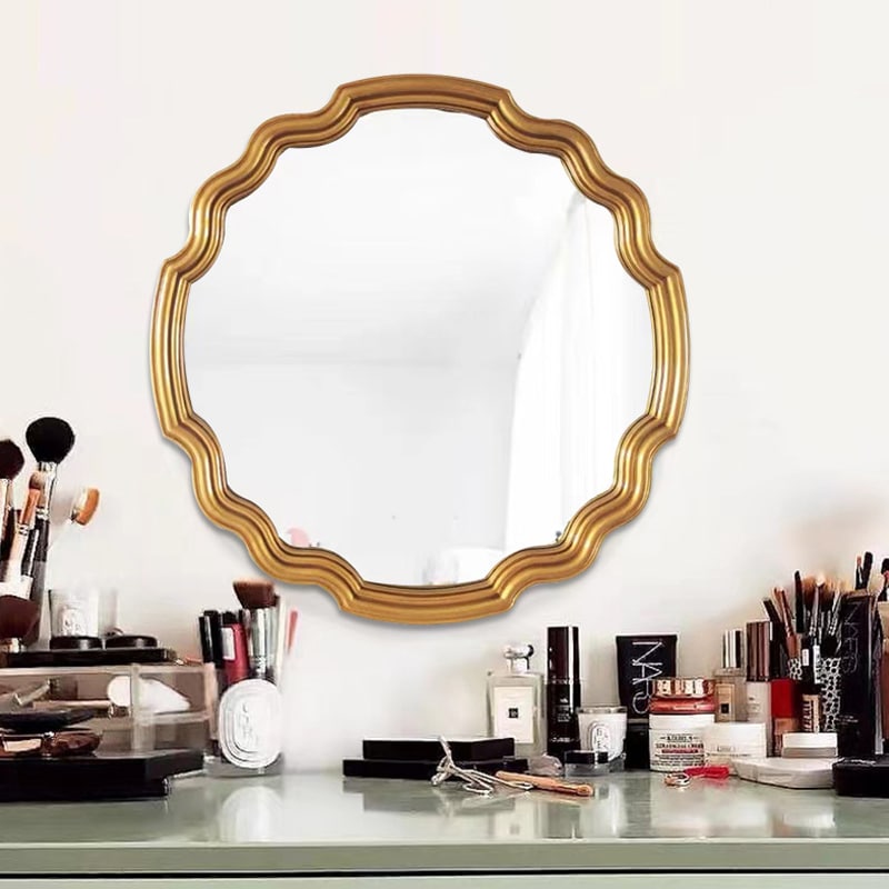 Wavy Sunburst Vintage Mirror 80cm Gold Round Wall Mount PU Frame