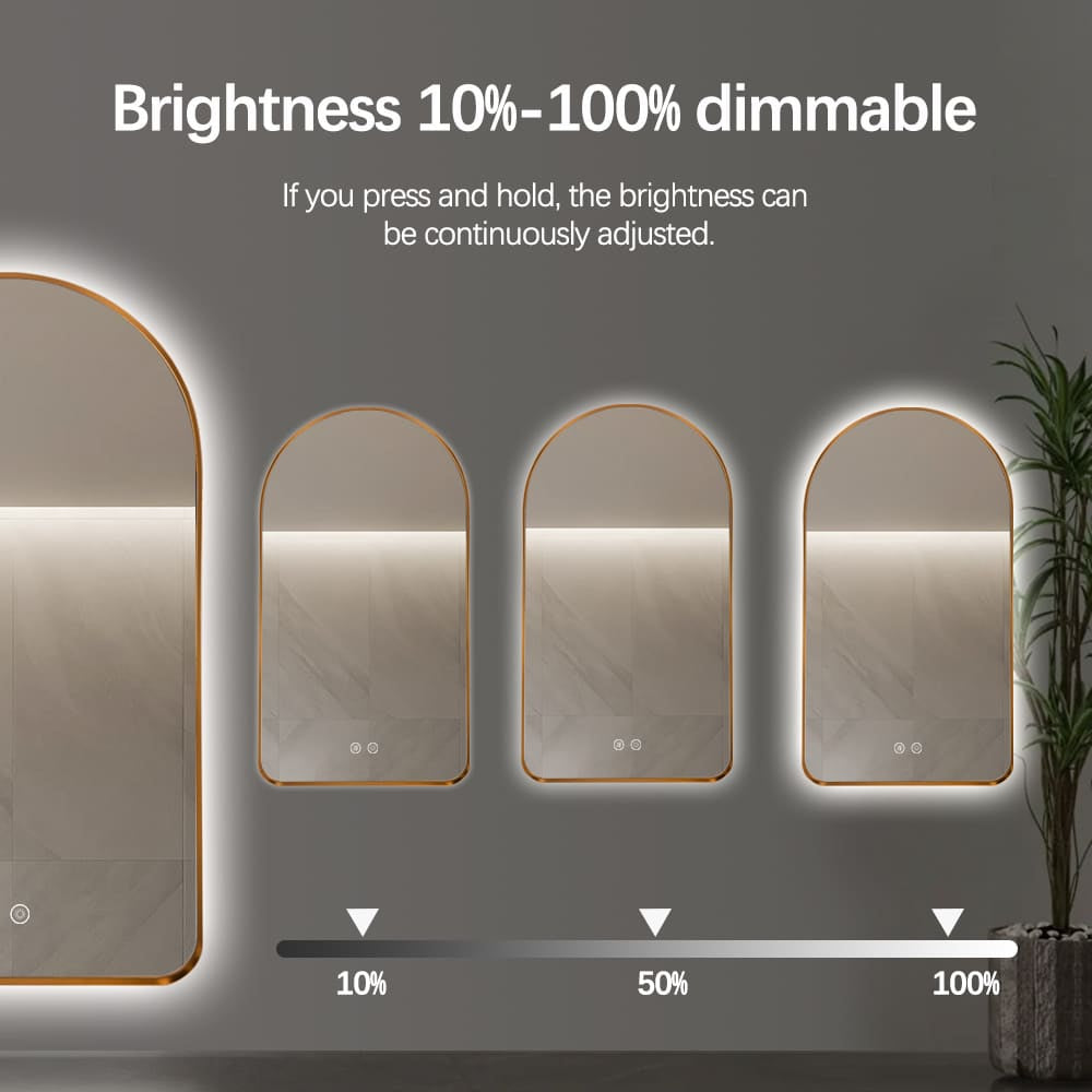 Arched LED Wall Mirror 100cm x 75cm Gold Bevel Frame Backlit Dimmable Defogger
