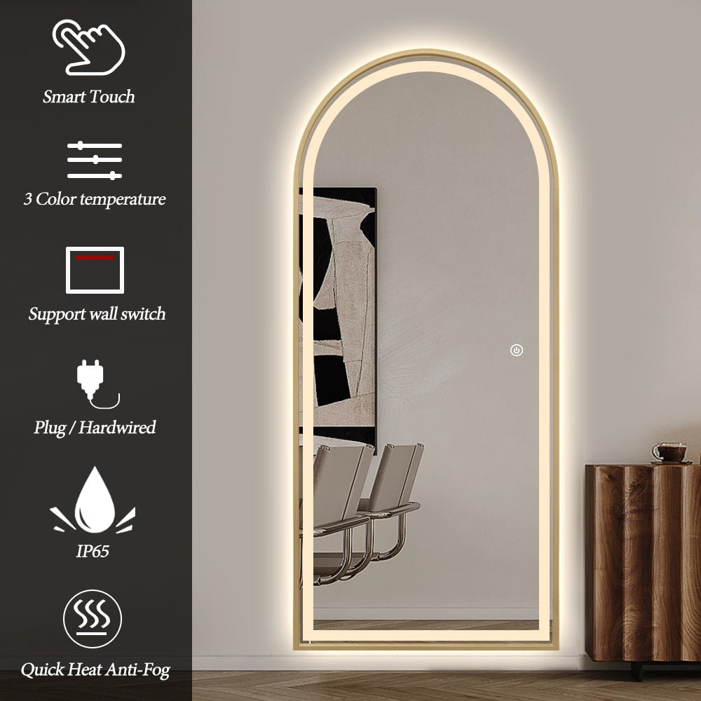 Full Length Arched LED Mirror 180cm x 80cm Freestanding Wall Mounted Gold Frame Dimmable