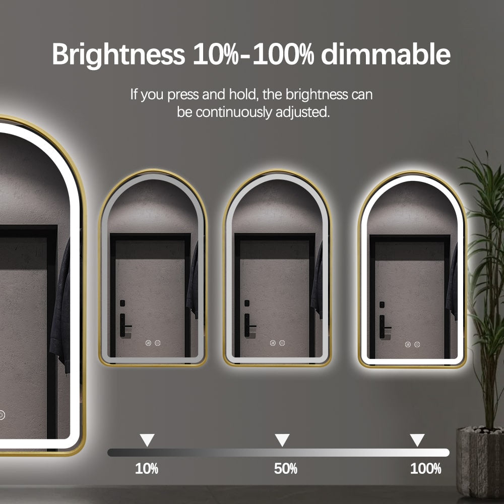 Arched LED Gold Frame Wall Mirror 100cm x 75cm Frosted Defogger Dimmable Vanity