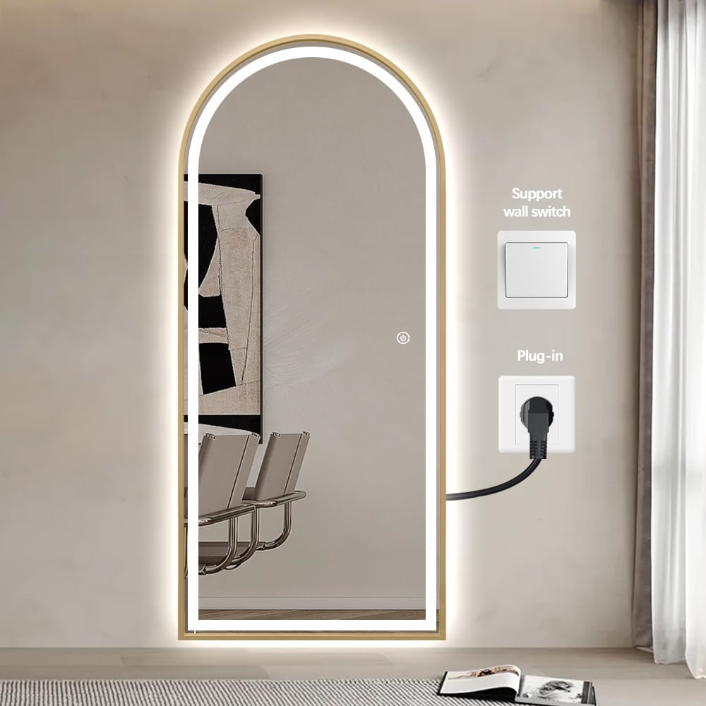 Full Length Arched LED Mirror 180cm x 80cm Freestanding Wall Mounted Gold Frame Dimmable