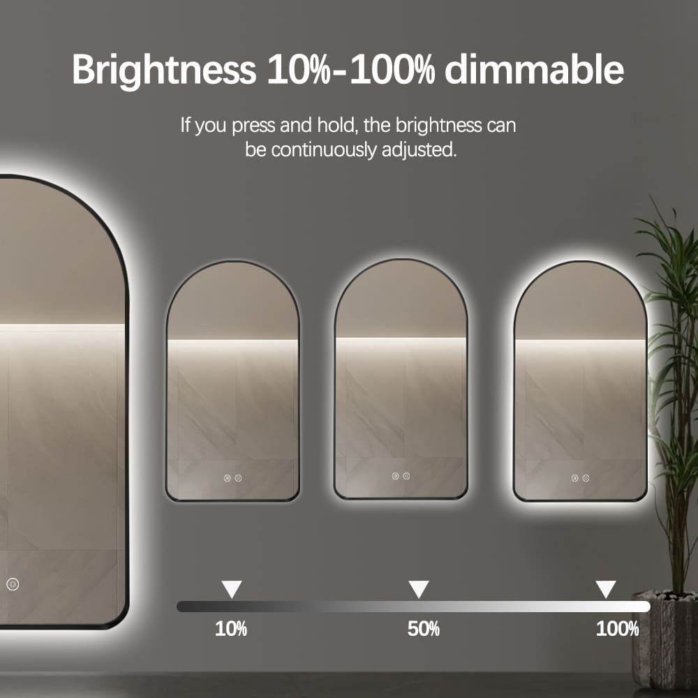 Arched LED Wall Mirror 90cm x 50cm Black Bevel Frame Backlit Dimmable Defogger