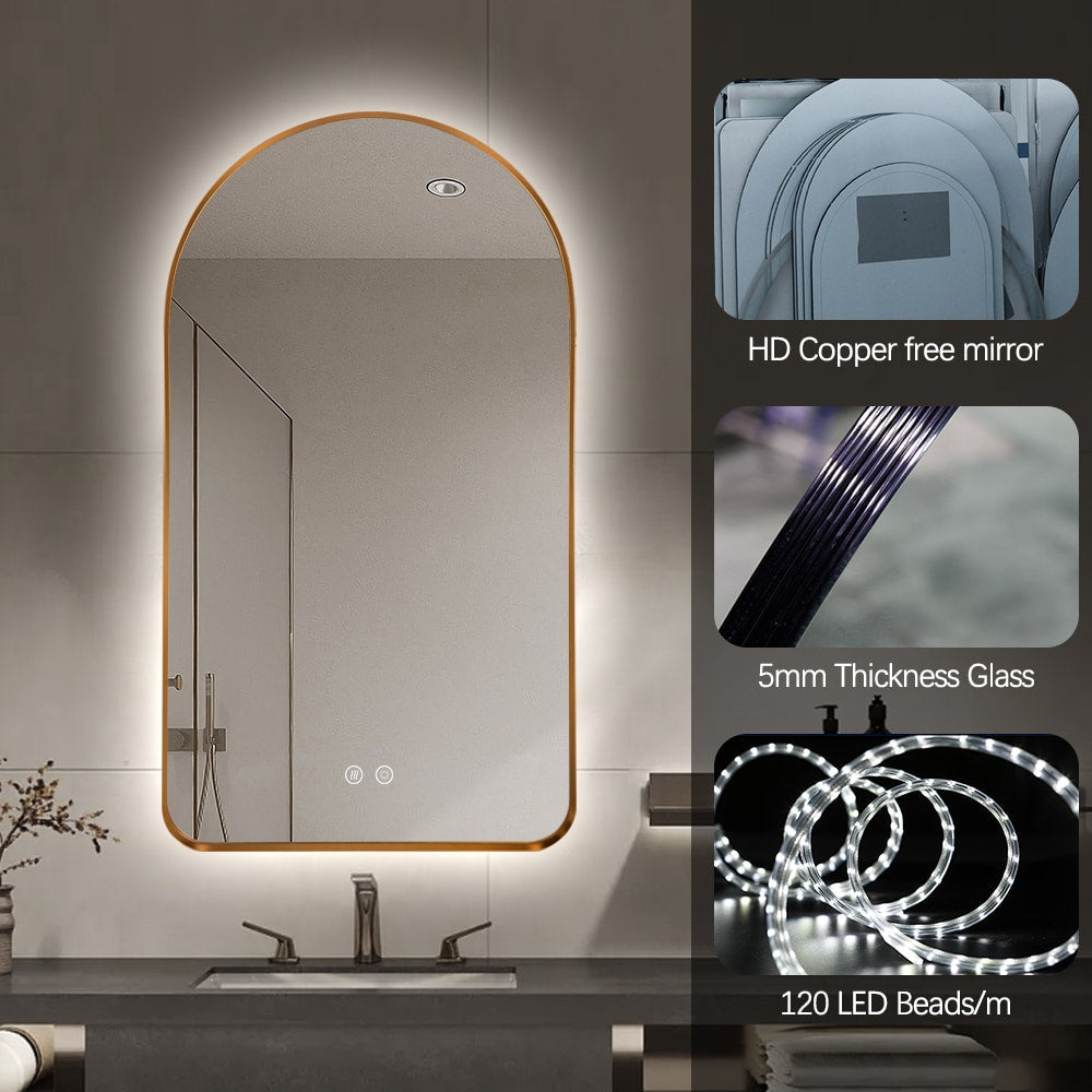 Arched LED Wall Mirror 90cm x 50cm Gold Bevel Frame Backlit Dimmable Defogger