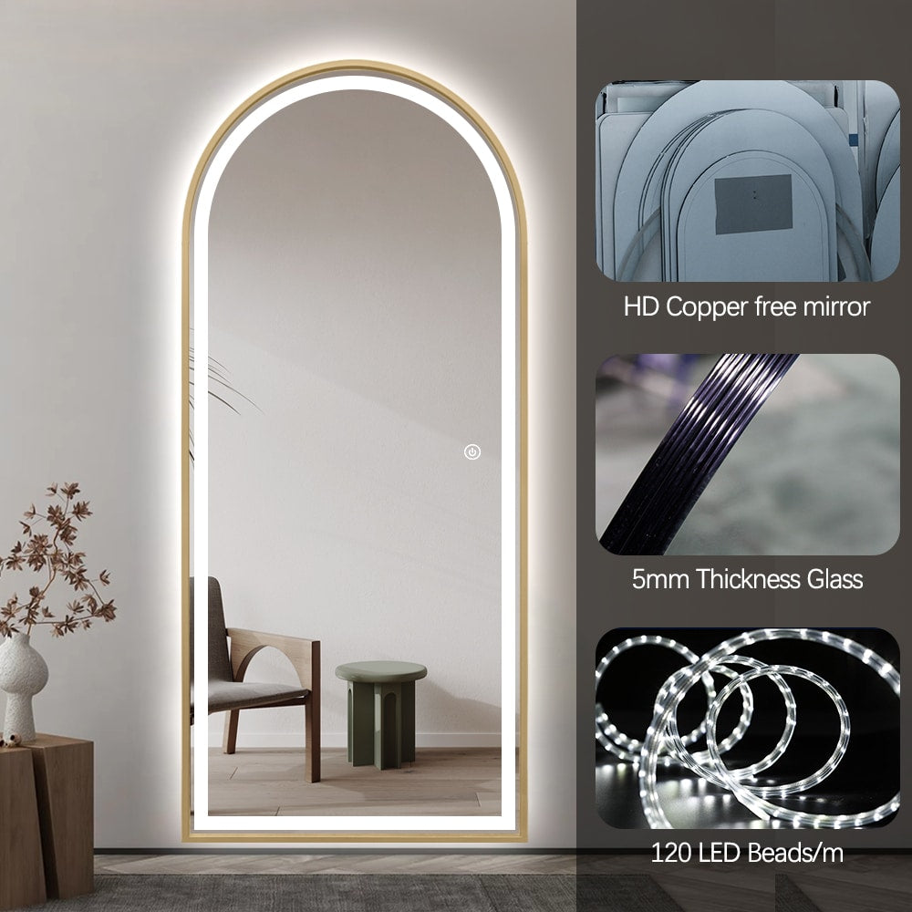 Full Length Arched LED Mirror 180cm x 80cm Freestanding Wall Mounted Gold Frame Dimmable