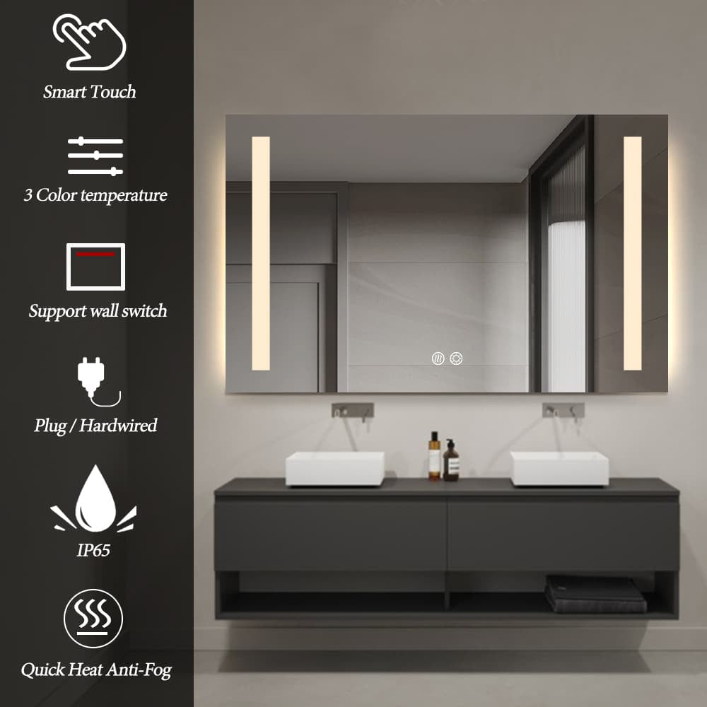 Rectangular Double-Sided Frosted Frontlit LED Mirror 60cm x 80cm Frameless Wall Mounted