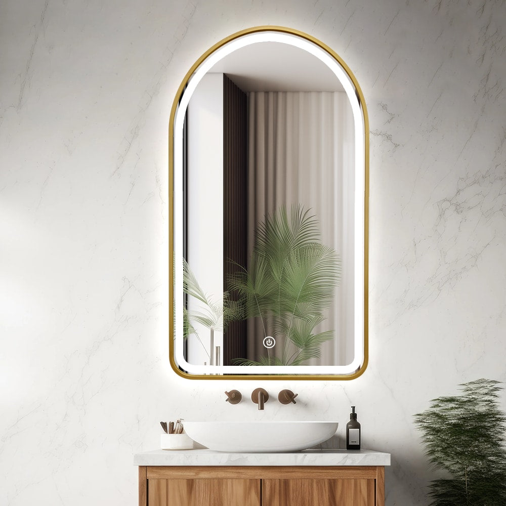 Arched LED Gold Frame Wall Mirror 100cm x 75cm Frosted Defogger Dimmable Vanity