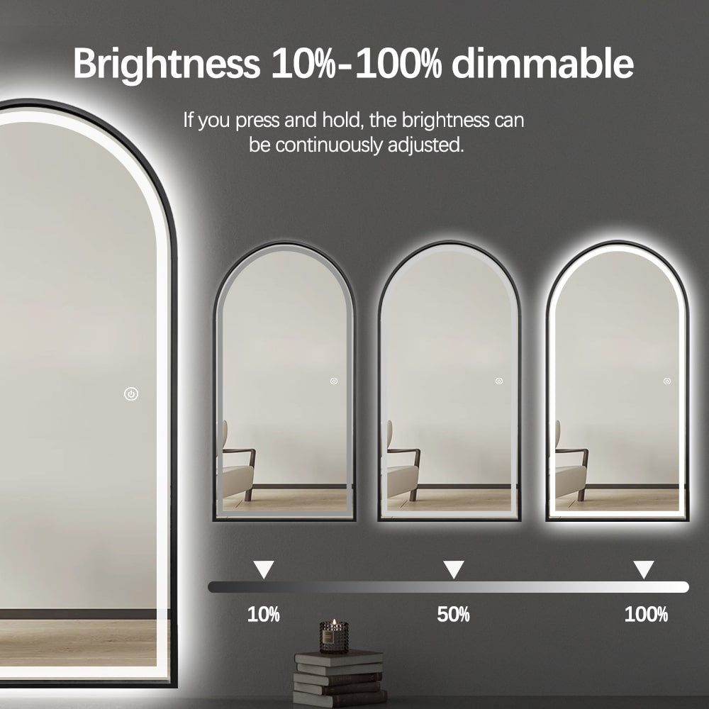 Full Length Arched LED Mirror 180cm x 80cm Freestanding Wall Mounted Black Frame Dimmable