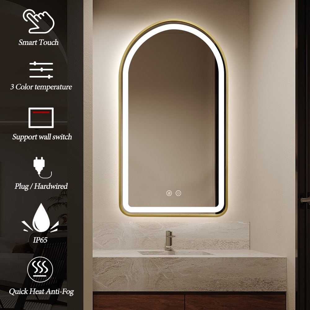 Arched LED Gold Frame Wall Mirror 100cm x 75cm Frosted Defogger Dimmable Vanity