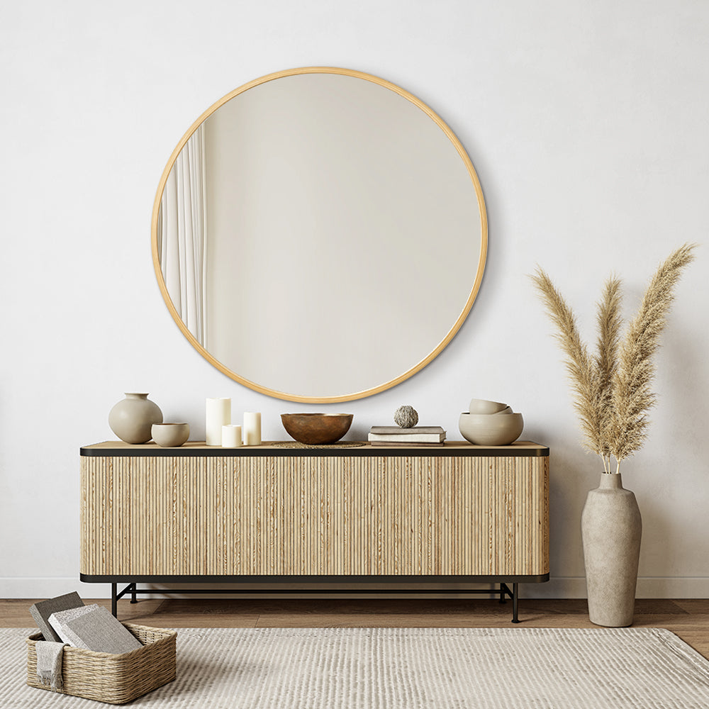 Round Solid Wood Wall Mirror 100cm Log Colour Frame Decorative  Living Room Accent