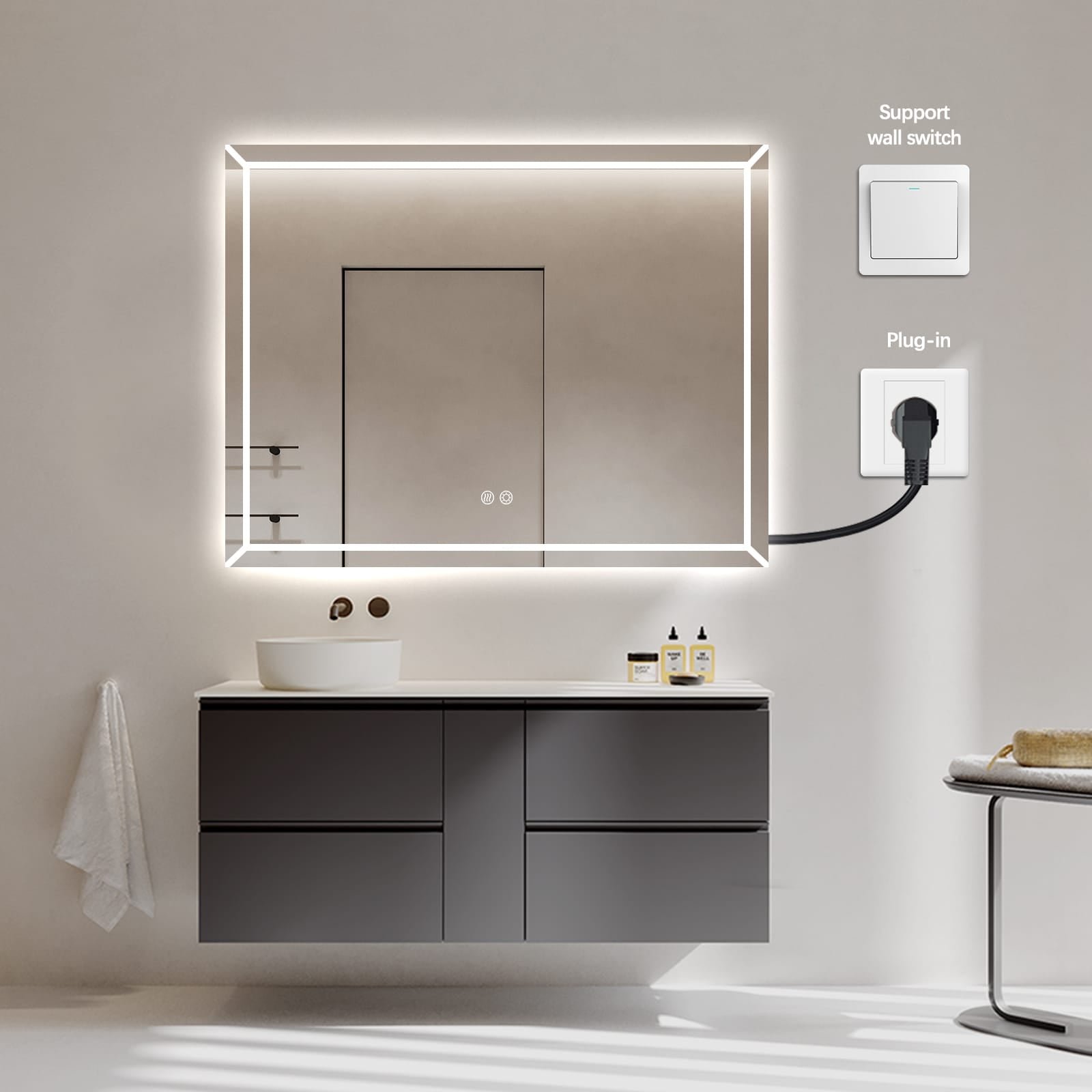Rectangular Frosted LED Mirror Frontlit 70cm x 90cm Frameless