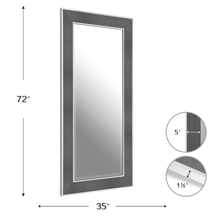 Full Length Stainless Steel Mirror with Grey Leather Frame  183cm x 89cm Wall Mounted Floor Standing