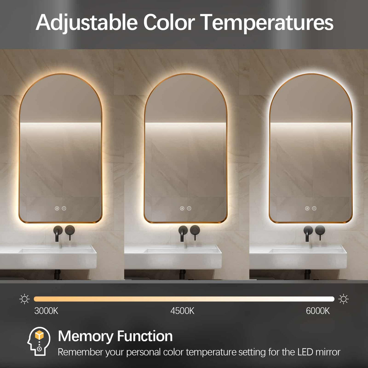 Arched LED Wall Mirror 130cm x 70cm Gold Bevel Frame Backlit Dimmable Defogger - FLM112